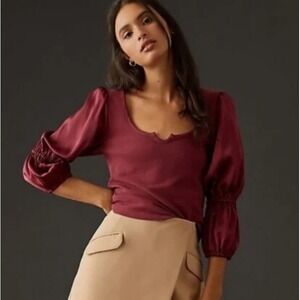 Maeve by Anthropologie Burgundy Ribbed Pullover Top Satin Puff Tiered Sleeves XS